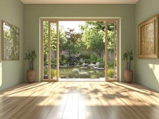 Poster - A serene indoor space with large windows overlooking a tranquil garden pond.