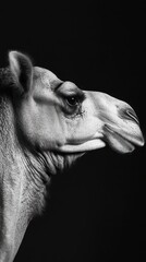 Aufkleber - A close-up black and white portrait of a camel's head against a dark background.