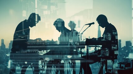 Aufkleber - Silhouettes of musicians performing with a cityscape backdrop and digital elements.