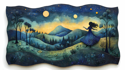 a mixed media illustration, a fantasy wizard dances in the night in a summer mountain valley, folk a
