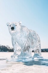 Wall Mural - Majestic ice bear sculpture standing on frozen lake in winter