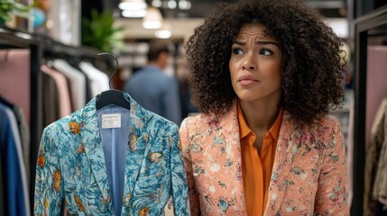 Poster - A woman looks thoughtfully at colorful blazers in a clothing store.