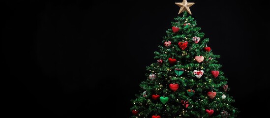 Wall Mural - Embellished green Christmas tree adorned with patchwork ornaments and a star against a black background for festive holiday decor themes