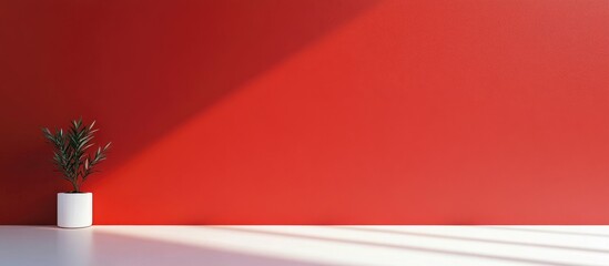 Poster - minimalistic design with empty white space and a vibrant red wall featuring a stylish potted plant f
