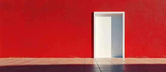 Poster - Minimalist red wall featuring an empty white doorway creating a bold contrast and inviting composition for artistic or architectural themes.
