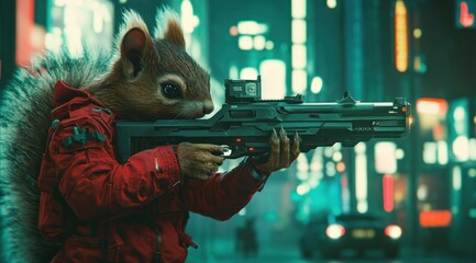 Poster - A squirrel in a red jacket aims a futuristic weapon in a neon-lit urban environment.