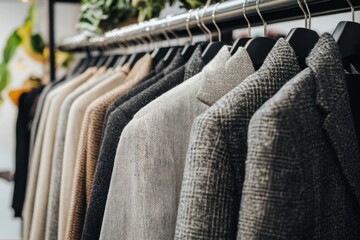 Poster - A display of neatly arranged blazers on hangers in a retail setting.