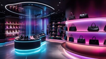 Poster - A modern retail space showcasing stylish shoes and handbags with vibrant lighting.