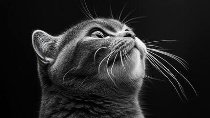 Poster - A close-up black and white portrait of a cat, showcasing its expressive features and whiskers.