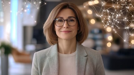 Aufkleber - A professional woman with glasses smiles confidently in a modern setting.
