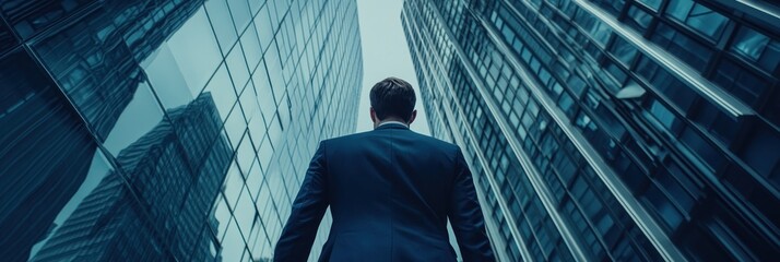 Fototapete - A businessman gazes upward at towering skyscrapers in an urban setting.