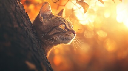 Poster - A cat gazes thoughtfully amidst a warm, autumnal backdrop of soft light and leaves.
