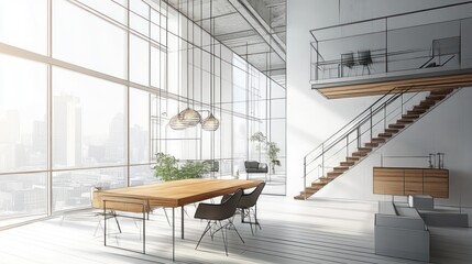 Aufkleber - Modern office interior with large windows, wooden table, and stylish furniture.