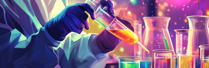Aufkleber - A scientist pours a colorful liquid from a beaker into a test tube in a laboratory setting.