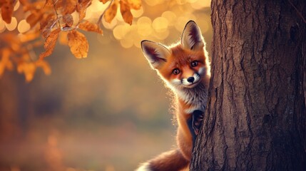Poster - A curious fox peeks from behind a tree in a vibrant autumn setting.