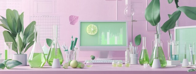 Poster - A vibrant laboratory scene with plants, beakers, and a computer displaying data.