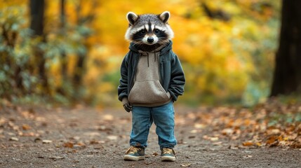 Poster - A whimsical scene of a child with a raccoon head in a forest during autumn.