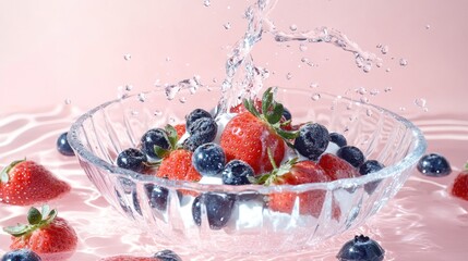Poster - A bowl of strawberries and blueberries splashing in water against a pink background.