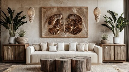 Poster - Modern living room with natural decor, featuring a sofa, artwork, and potted plants.
