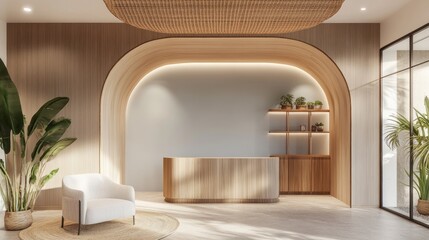 Poster - Modern reception area with warm wood tones and plants, designed for welcoming visitors.