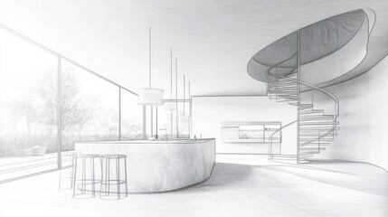 Aufkleber - A minimalistic interior featuring a spiral staircase and a curved ceiling design.