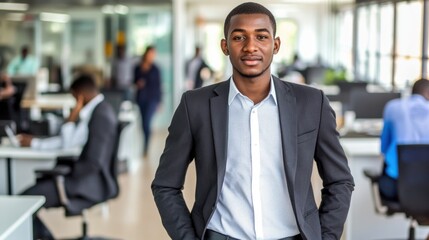 Aufkleber - A confident young man in a suit stands in a modern office environment.