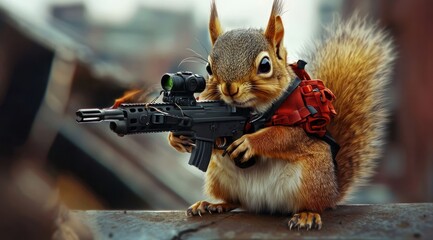 Poster - A squirrel armed with a toy gun and gear, creating a humorous and whimsical scene.