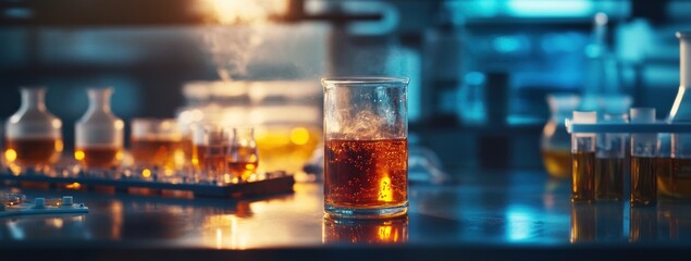 Poster - A laboratory scene with glassware containing colorful liquids, indicating scientific experimentation.
