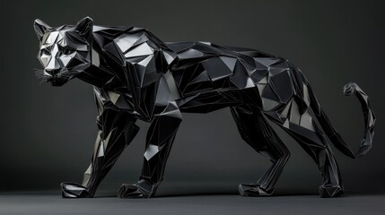 Fototapete - A stylized black panther sculpture with geometric facets against a dark background.