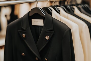 Poster - A display of tailored blazers hanging on a rack in a clothing store.