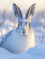 Poster - A close-up of a snow-covered rabbit in a serene winter landscape.