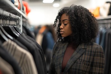Poster - A woman browses through clothing racks in a boutique, showcasing fashion and style exploration.