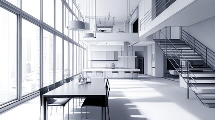 Poster - Modern open-concept living space with large windows and minimalist design.