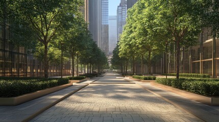 Poster - A serene urban pathway lined with trees and modern buildings, inviting peaceful strolls.