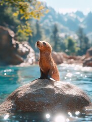 Aufkleber - A sea otter perched on a rock by a serene, sparkling river in a tranquil natural setting.