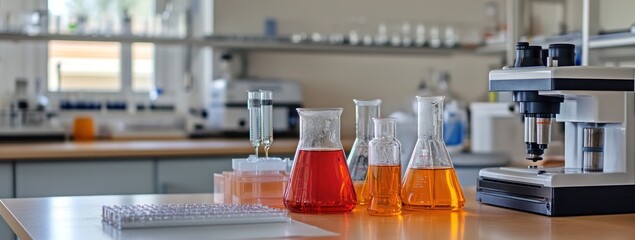 Aufkleber - Laboratory scene with various glassware and scientific equipment for experimentation.