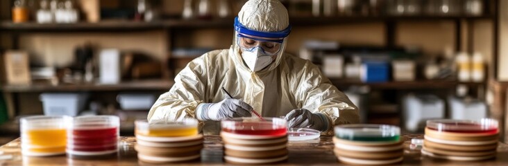 Aufkleber - A scientist in protective gear conducts experiments with petri dishes in a lab setting.