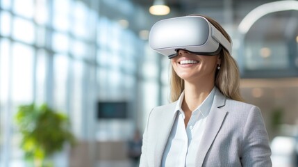 Poster - A woman wearing a VR headset, smiling in a modern office environment.