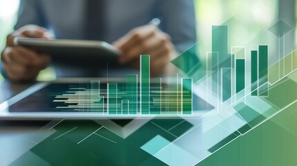 Aufkleber - A professional analyzing data on a tablet with abstract graphs in the foreground.