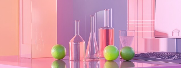Poster - A colorful arrangement of laboratory glassware and green spheres on a stylized surface.