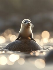 Poster - A playful seal pup perches on a rock amidst shimmering water.