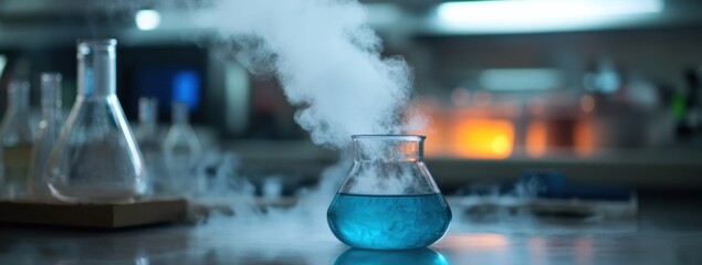 Aufkleber - A laboratory scene featuring a bubbling blue liquid in a flask with steam rising.