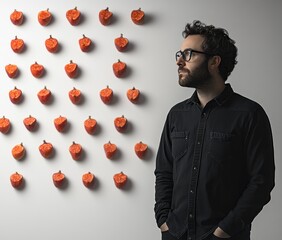 Aufkleber - A man stands beside a wall adorned with orange pumpkins, creating a whimsical atmosphere.