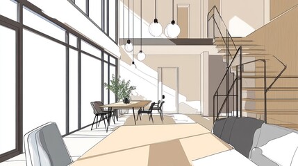 Poster - Modern interior with large windows, a staircase, and a dining area.