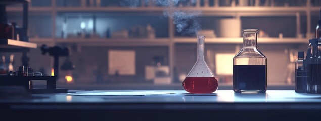 Aufkleber - Laboratory scene with glassware containing red and dark liquid, suggesting chemical experiments.
