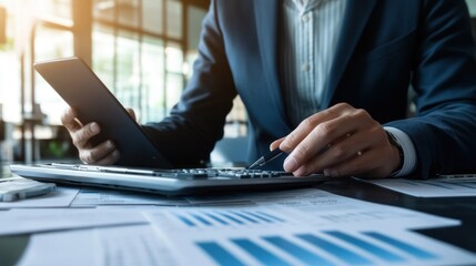 Aufkleber - A business professional analyzes financial data using a calculator and smartphone.