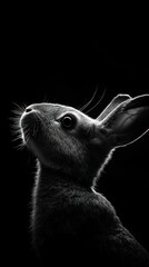 Aufkleber - A monochromatic profile of a rabbit against a black background, capturing its features elegantly.