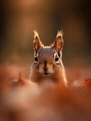 Poster - A close-up of a curious squirrel amidst autumn leaves, showcasing nature's beauty.
