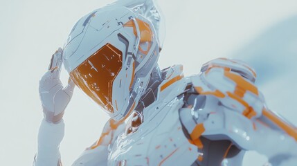 Fototapete - A futuristic humanoid figure in a sleek, high-tech suit and helmet.