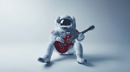 Poster - An astronaut sitting and playing a red guitar in a minimalist space setting.